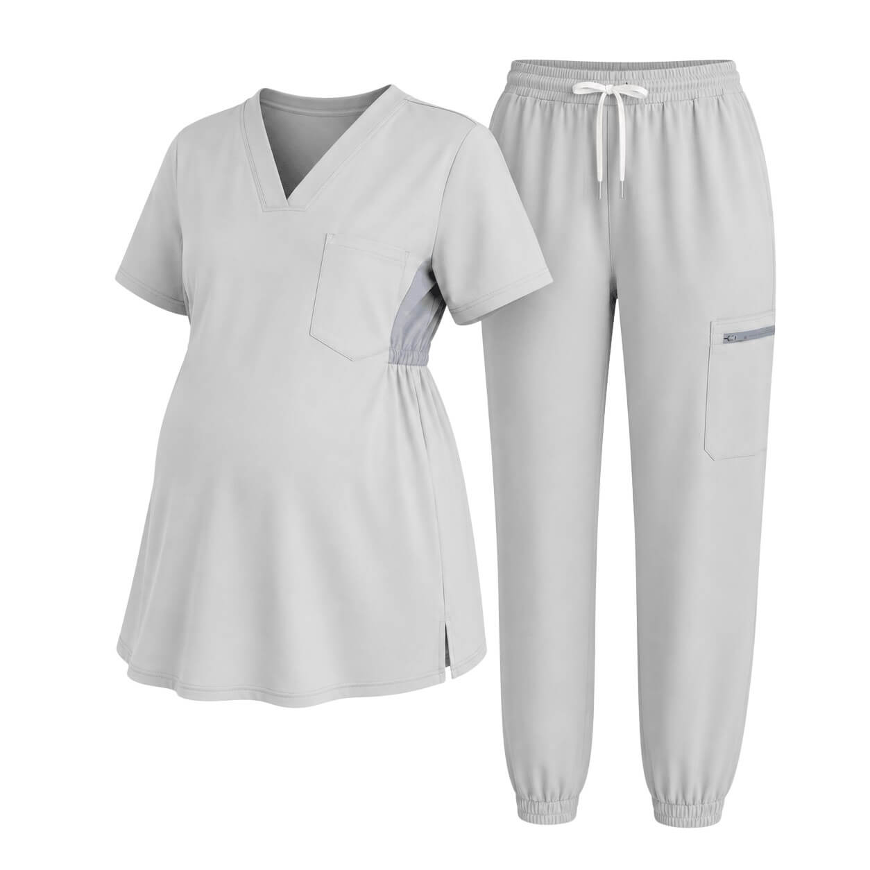 Pregnant healthcare worker wearing a maternity scrub set